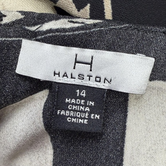 Halston Wrap Dress Womens 14 Black Palm Leaf Kimono Short Belted Pockets - Picture 6 of 9